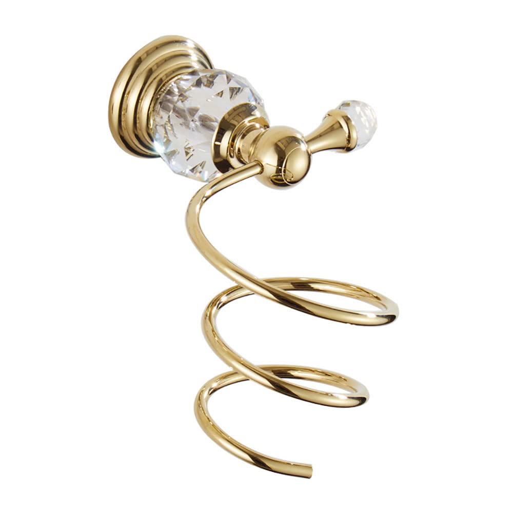 Klobvtt Gold Hair Dryer Holder Crystal Hair Dryer Rack Wall Mount Spiral Spring Hair Dryer Holder Shelf, Bathroom Blow Dryer Holder Racks Bedroom Restroom Wall Shelf Storage