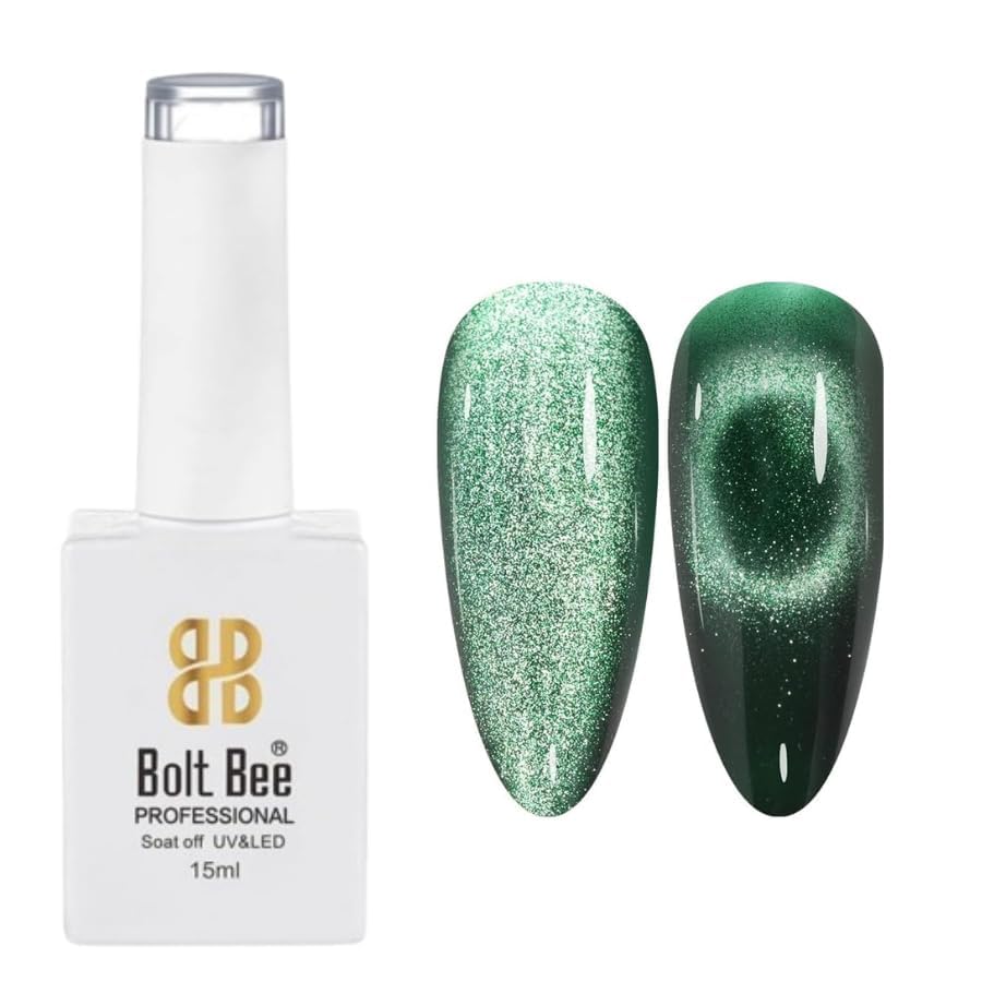 Image of Bolt bee Glitter Cat Eye Nail Gel Polish 9ml Gel Paint Soak Off UV Led | 9D Art Polish Galaxy Magnetic for Nail Designs | LED Soak Off Nail Lacquer Gel Strong Nail Art Magnet For Home Salon-(Green)