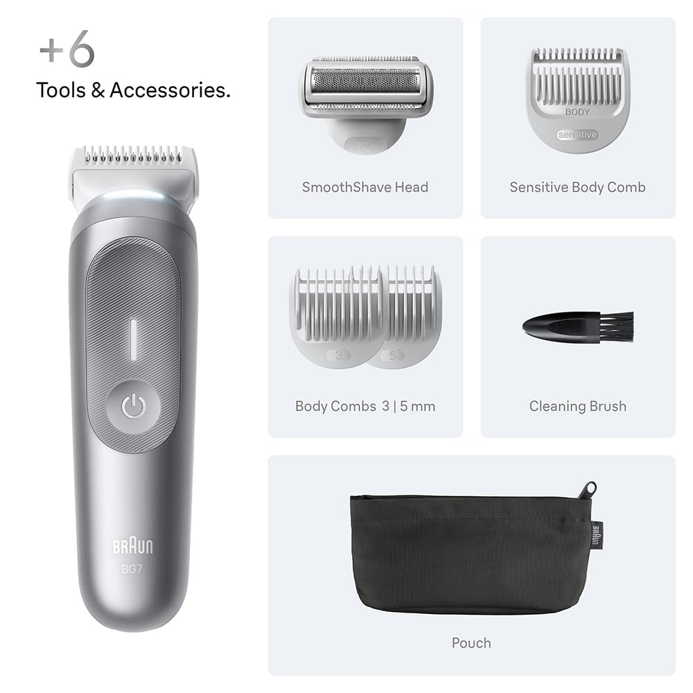 Braun BG7550 Series 7 Haarschneider für Herren, Körper, Brust, Achseln, Beine und Schamhaare mit Smartlight und SkinGuard, 8-in-1-Pflege-Set, wasserdicht mit 6 Clips, 100 Minuten Laufzeit