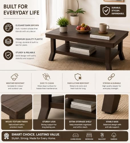 Image of ARWI Creations Royal Plastic Centre Table for Living Room with Storage Shelf, Coffee and Tea Table for Home, Balcony and Garden, Dark Brown, 82.5 x 52.5 x 42.5 cm
