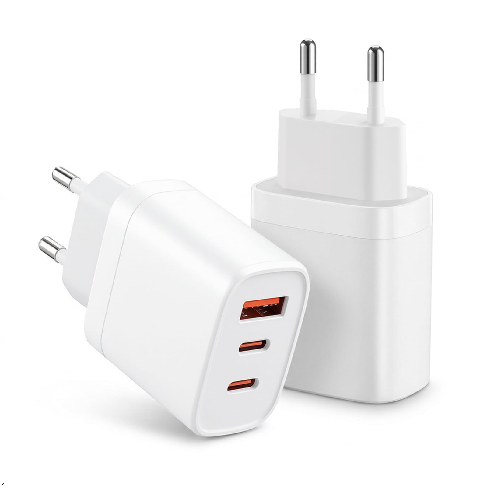 2er Pack USB C Ladegerät 65W 3 Port, Schnellladegerät PD, weiß | 3 Porte: 2x USB-C + 1x USB-A. 65W Gesamtleistung, PD Kompaktes GaN-Design für Zuhause, Büro und Reise. EU-Stecker.