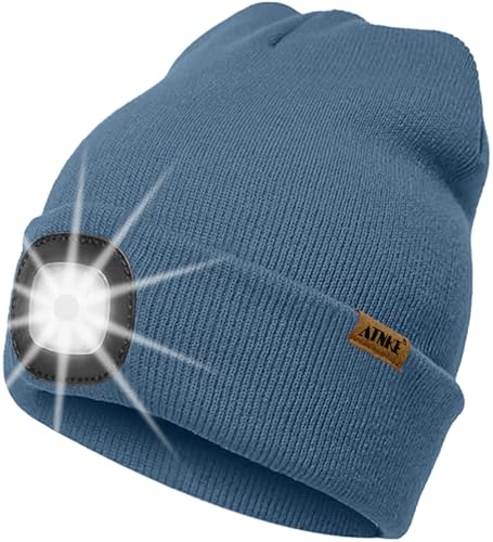 ATNKE LED Beleuchtete Mütze mit Licht Wiederaufladbare USB 4 LED Beleuchtete Laufmütze Extrem Heller Lampe Winter Warme Stricken Mütze Technik Geschenke für Herren und Damen/Shadow Blue