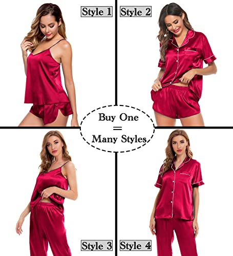 Image of SWOMOG Womens Silk Satin Pajamas Sets 4pcs Sleepwear Sexy Cami Shorts Set and Button Down Short Sleeve Pjs Loungewear