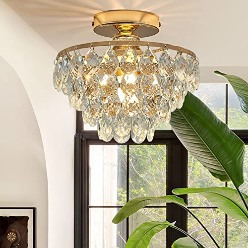 La Mejor Recopilación de Candelabros de techo - 5 favoritos. 46 Lámpara de Techo Cristal KINGTLE Lamparas Colgantes de Techos Candelabro, 10 x 9.37 Pulgadas,Semirempotrada Candelabros de Techo para Dormitorio, Sala de Estar, Comedor,Gold