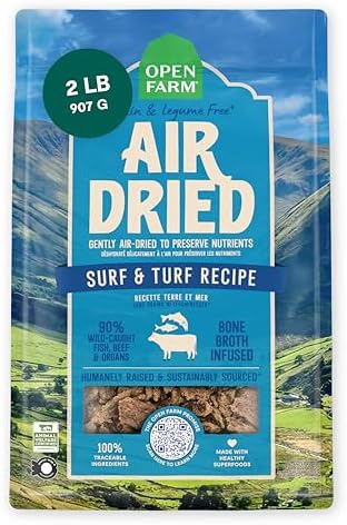Open Farm, Air Dried Dog Food Infused with Bone Broth, Grain & Legume Free, Complete Meal or Food Topper, Surf & Turf Recipe, 2lb Bag