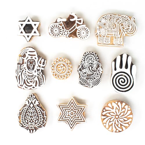 Image of Wooden Indian Traditional Design Printing Stamps /Blocks for Printing Saree Border /Dresses /Craft Card Making /Scrapbook /Clay Pottery (Set of 10)