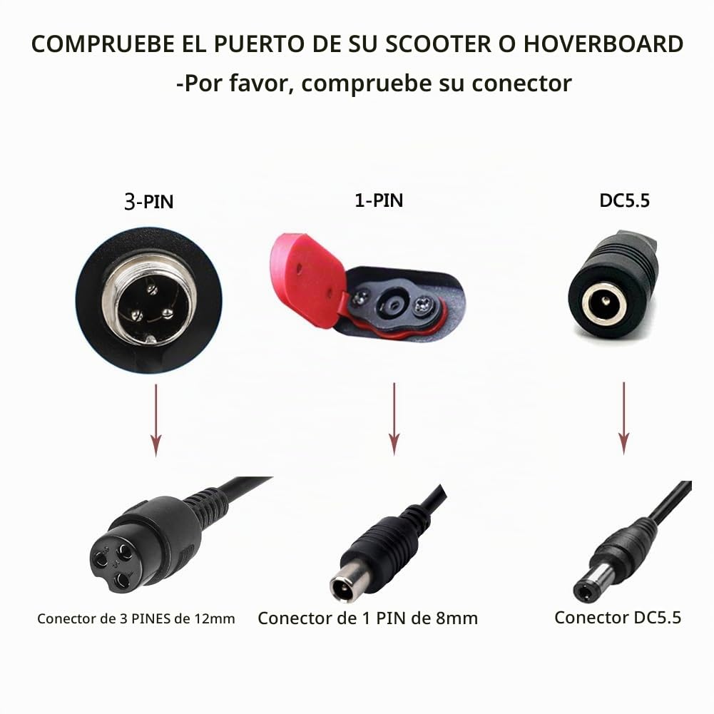 Cargador Hoverboard 54.6V 2A, Cargador Patinete Electrico 3 Pines, Adaptador de Fuente de Alimentación para 48v Batería, Cargador Universal para Scooter Eléctrico, Hoverboard, Autoequilibrado