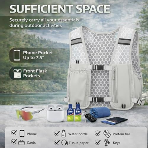Ruxaqm Running Vest for Men Women, Lightweight Breathable Hydration Backpack for Trail Hiking Cycling Marathon, Adjustable Reflective Hydration Pack with Phone Holder (No Water Bladder) (Grey) - 2