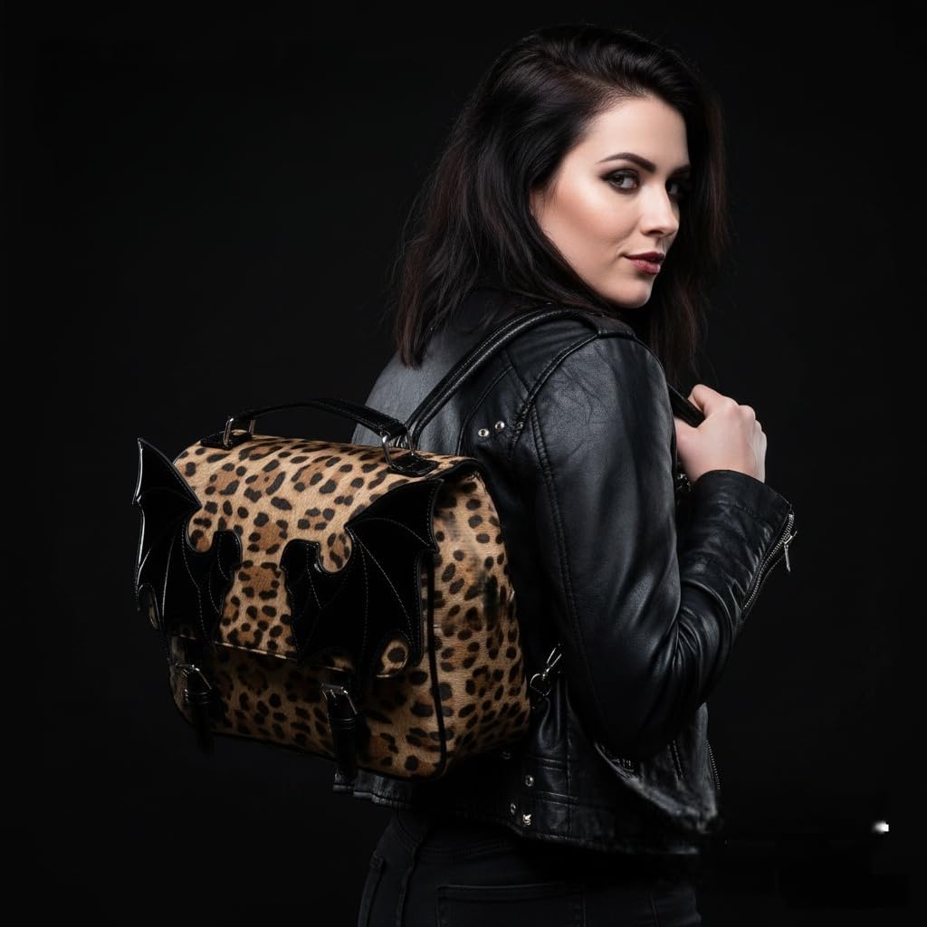 Gothic Bat Wing Backpack Purse, Black Faux Leather, Convertible Shoulder Bag with Metal Hardware (leopard print)