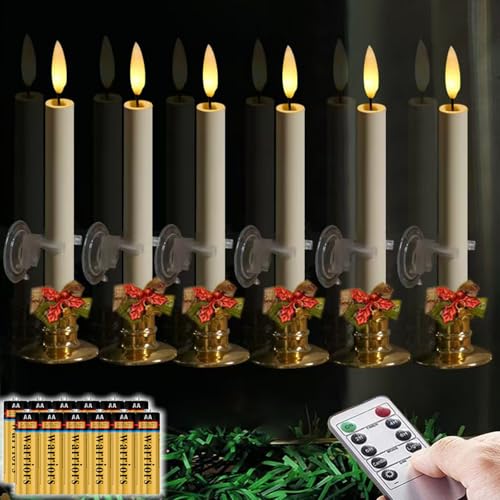 Image of NONNO & ZGF 6 Pack Flameless 8.7'' Window Candles with 12 AA Batteries(Include) +6 Bows(with Bells) +6 Suction Cups+6 Golden Candleholders. Battery Powered Ivory Taper Candle with Remote and Timer