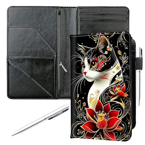 Server Book for Waitress,5.5x8 Inch - Waiter Book with Zipper Pocket,Pen Holder & Cash Compartments,Waterproof PU Leather Guest Check Organizer for Tips,Cards, Receipts,Japanese Style cat