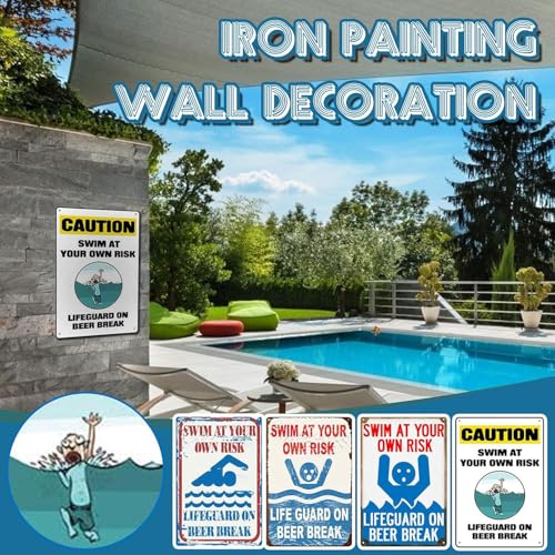 Schwimmbad Sicherheitsschild,Pool Deko Schild Mit Spruch Schwimmen Auf Eigene Gefahr,Nostalgisches Vintage Blechschild,AußEn Metall HäNgend Warnschild,Metall Blechschild Mit Symbolsprache (A)