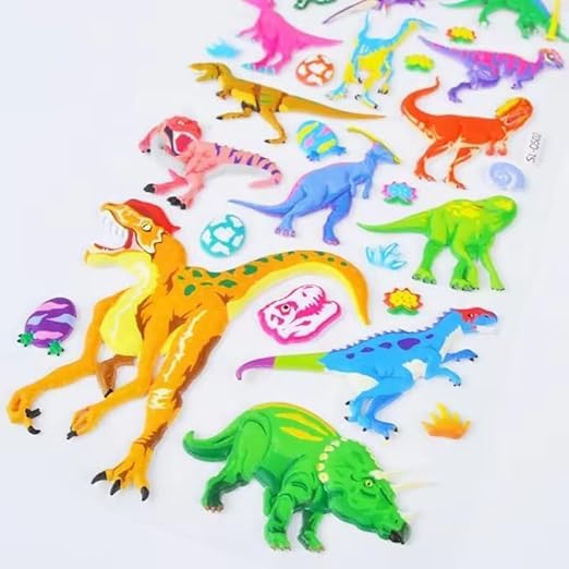 Image of Cots and Cuddles 3D Puffy 120+ Dinosaur Stickers 3D T-Rex, Spinosaurus, Triceratops, Diplodocus Scrap Book Decoration for Boys & Girls |4 Strap, Dinosaur Sticker, Plastic, Multicolor