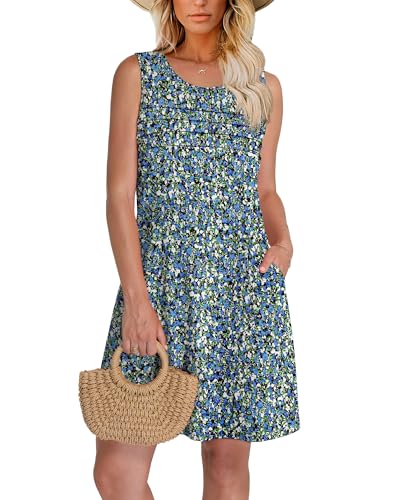 Image of OFEEFAN Womens Pleated Front Tank Dresses Fashion Spring Sleeveless Pockets Sundress Casual Summer