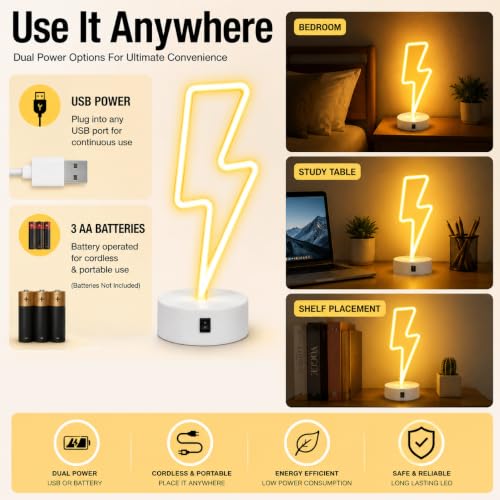 Image of Quace Lightning Bolt Neon Light for Room Decor, Dual Power (USB & 3 AA Batteries), Warm Yellow LED Neon Lamp, Gaming Room Decor, Bedroom Night Light, Desk Lamp for Home, Cafe & Party Decoration