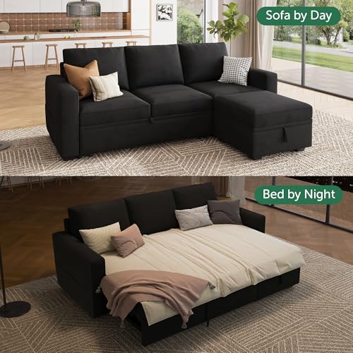 Image of HONBAY Modular Sectional Sleeper Sofa with Pull Out Bed, L Shaped Couch with Storage Seat, Modular Sectional Couches for Living Room - Black