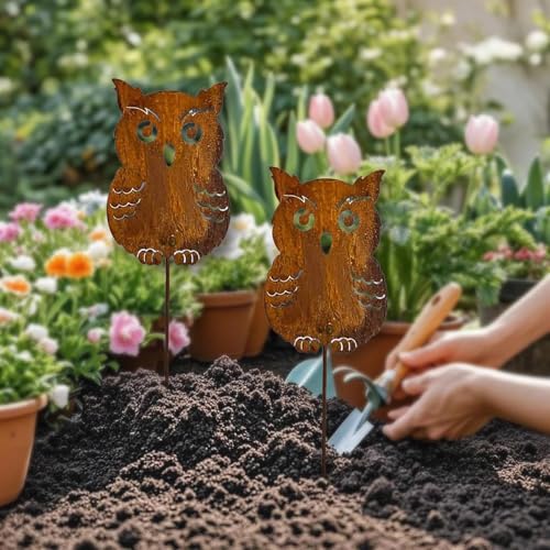 LINTRA 2 Stück Gartenstecker Rost, Eulenförmige Roststecker Garten, aus Eisen Rostdeko Gartendeko, Vintage-Stil Gartenstecker Metall, für Dekoration von Blumentöpfen und Gartenbeeten Außenbereich