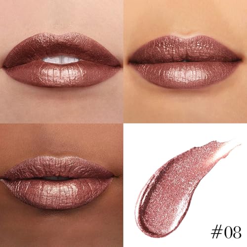 Image of evpct Brown Bronze Metallic Glitter Lip Liner and Lipstick Combo Lip Gloss Stain Set Makeup for Women Long Lasting Waterproof 24, Hot Chocolate Metallic Shimmer Frosted Iridescent Liquid Lipstick 08