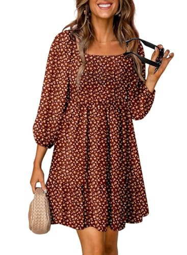 Dokotoo Fall Dresses for Women 2025 Boho Floral Square Neck Smocked 3/4 Sleeve Casual A-Line Swing Mini Dress Sundress
