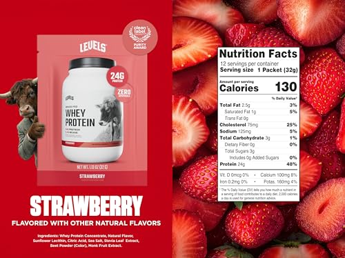 Image of Levels Grass Fed Whey Protein Powder, No Artificials, 24G of Protein, Strawberry, 12 Count