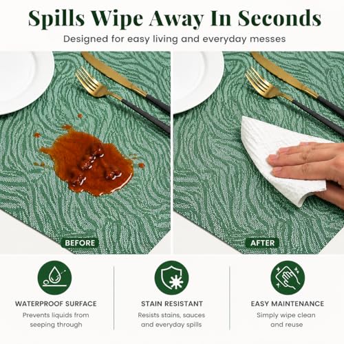 Image of YELONA Placemats Set of 8, Heat-Resistant Woven Vinyl Table Mats, Non-Slip & Washable Dining Tablemats for Kitchen & Dinner Decor, Jade Green (45cm x 30cm)
