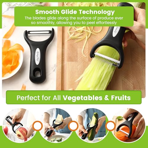 Image of Spring Chef Premium Y & Vegetable Julienne Peeler Set for Kitchen with Stainless Steel Sharp Blades - Carrot Peelers with Comfortable Handles - Perfect for Zucchini, Cucumber, Papaya, Potato - Black