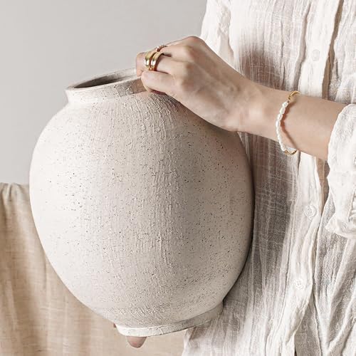 Large White Ceramic Vase - 9.8 Inch Rustic Farmhouse Vase for Home Decor, Minimalist Tall Vases for Living Room, Table, Bathroom, Holiday & Weddings (Sandstone White)