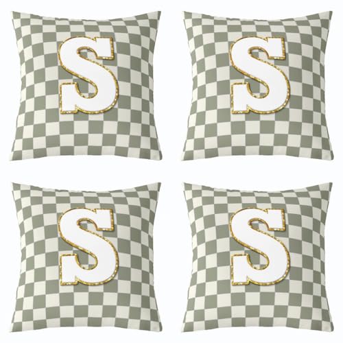 Image of Erosebridal Sage Green Checkered Throw Pillow Covers 18x18 Set of 2 Plaid Initial S Cushion Cover Personalized Monogram Throw Pillow Case for Bed Couch Sofa Fashion Grids Gingham Home Decor