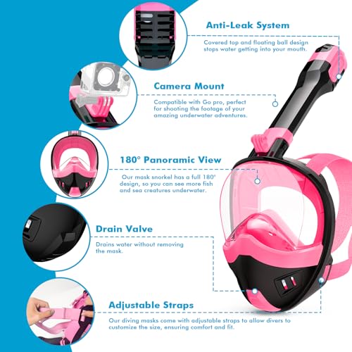 Máscara de Snorkel de Cara Completa Snorklix para Adultos y Niños con Sistema de Respiración Dry Top y Montura para Cámara Desmontable, Vista Panorámica de 180 Grados miniatura 3