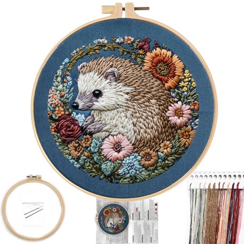 Image of FONNUY Embroidery Kit for Beginners, Cute Hedgehog Stamped Embroidery Patterns Kits for Adults with Hoop, Easy to Follow Sewing Thread Needlework, 8'' Hoop (Resilient)