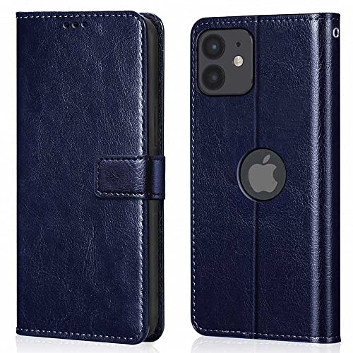 Image of WOW IMAGINE Shock Proof Flip Cover Back Case Cover Compatible with iPhone 12 (Flexible | Leather Finish | Card Pockets Wallet & Stand | Blue)