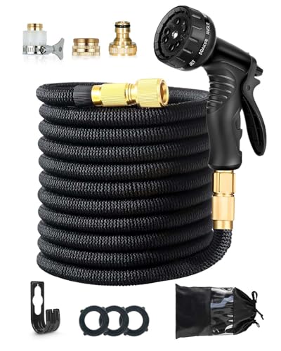 150FT Expandable Garden Hose, Leakproof with 10-Function Spray Nozzle, 1/2 & 3/4 Brass Fittings, for Gardening, Car Washing, Easy to Carry(Black)