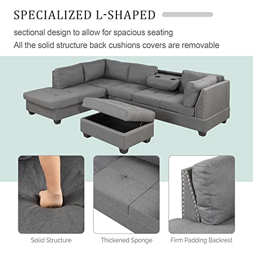 Merax 104" Sectional Sofa Sets 3-Seat Grey Sofa Couches with Reversible Chaise Lounge, Storage Ottoman and 2 Cup Holders, Rivet Ornament L-Shape Couch for Living Room Furniture
