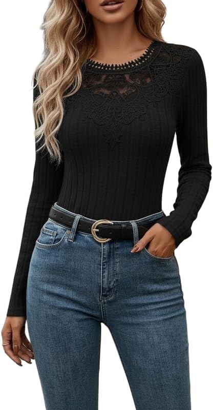Women's Sexy Lace Tops Dressy Casual Long Sleeve Crewneck Slim Fit Kint Shirts Spring Outfit Clothes
