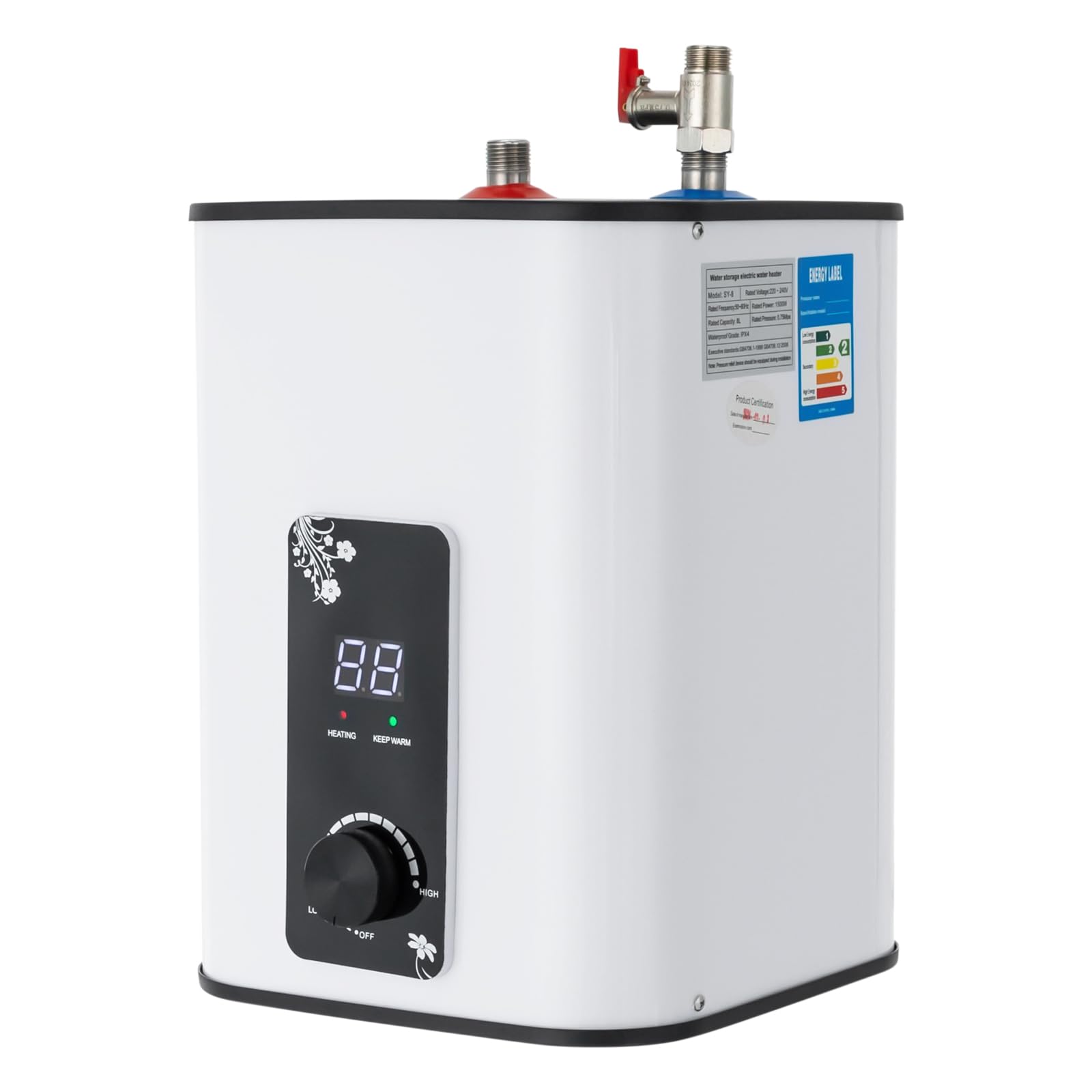 Serbatoio acqua calda da 8 l, scaldabagno istantaneo, 1500 W, con display digitale, scaldabagno elettrico, temperatura regolabile da 0 a 65 °C, per cucina, armadi, bagno