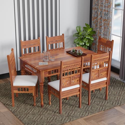 Image of Solid Sheesham Wood 6 Seater Dining Table Set | Six Seater Dinner Table with 6 Cushions Chairs | Dining Table Set 6 Seater for Living Room, Kitchen & Home | Honey Finish