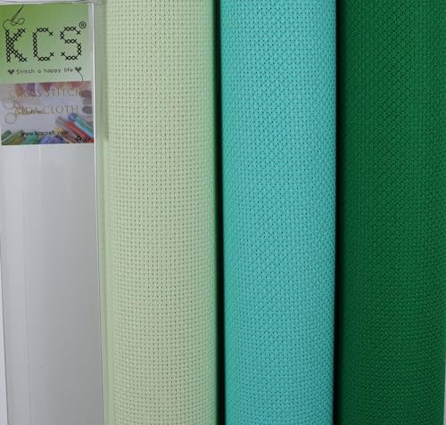 Image of KCS 3 pc of 15 inch x 18 inch(38cmx45cm) Counted Cross Stitch Cotton Aida Cloth Needlework Rolled Fabric Box,14CT,Light Green+Green+Sea Green