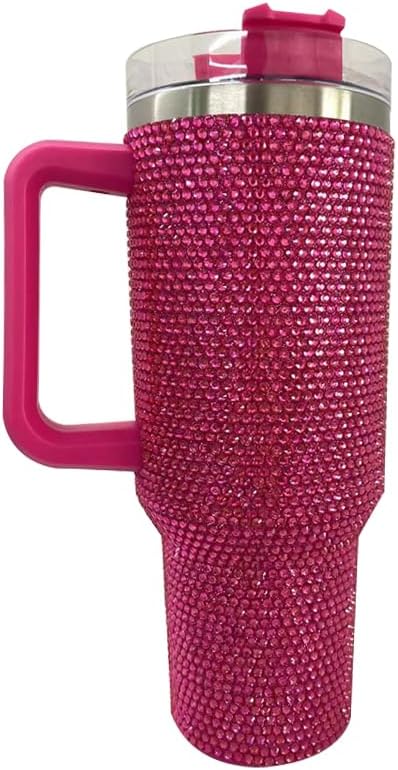 MYHOBBYShiny Rhinestone 40 Oz Tumbler with Handle,Stainless Steel Insulated Travel Coffee Mug Double Wall Leak Resistant Vacuum Tumbler with Straw,Rose Red