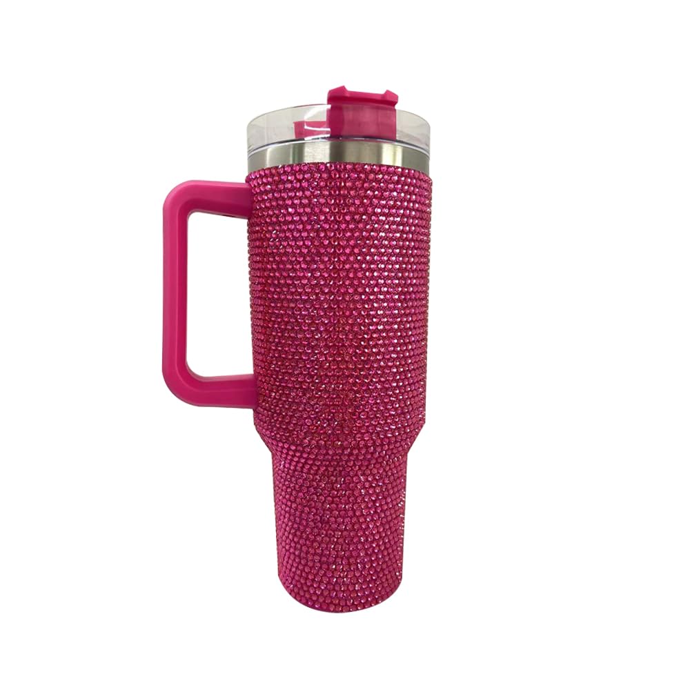MYHOBBYShiny Rhinestone 40 Oz Tumbler with Handle,Stainless Steel Insulated Travel Coffee Mug Double Wall Leak Resistant Vacuum Tumbler with Straw,Rose Red