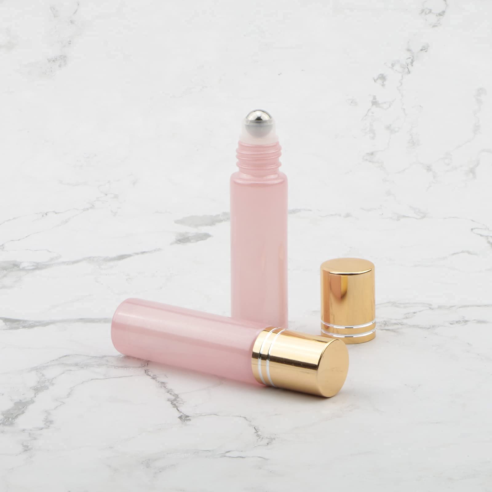 Bottiglie roll-on per oli essenziali, 10 ml, vuote, ricaricabili, in vetro, con tappo dorato, per profumi, aromaterapia, colore: Rosa Perlato