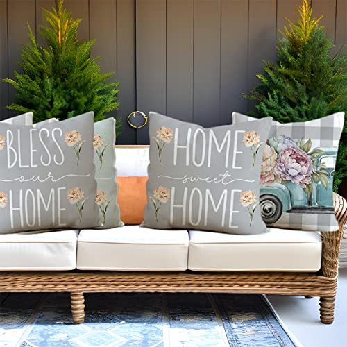 Gray Farmhouse Spring Summer Pillow Covers 18X18 Set Of 4 Buffalo Plaid Flower Peony Truck Bloom Pillows Decorative Quote Throw Pillows Pillowcase Decorations Farmhouse Decor For Home Decor #TOP3