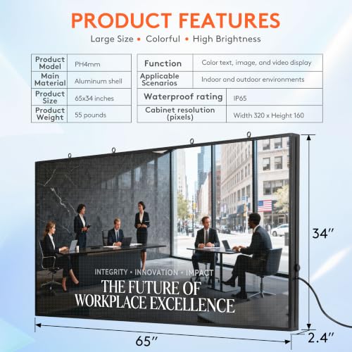 Image of P4 Outdoor LED Sign 65 inch x 34 inch Programmable Scrolling Message Board, IP65 Waterproof Full Color Digital Signage Display with WiFi & USB Control, High Brightness LED Screen for Business Store Advertise