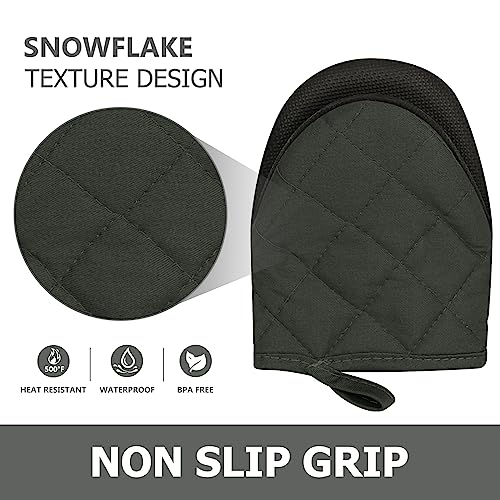 1 Pair Short Oven Mitts, Heat Resistant Silicone Kitchen Mini Oven Mitts for 500°F, Non-Slip Grip Surfaces and Hanging Loop Gloves, Baking Grilling Barbecue Microwave Machine Washable (Gray)