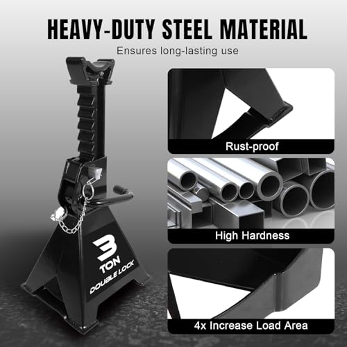 Image of Torin 3 Ton Steel Heavy Duty Jack Stands, Double Locking Pins Car Lift Jack, Black, 2 Pack