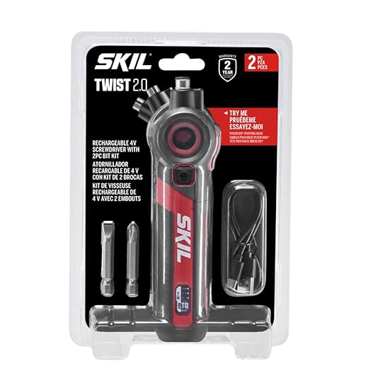 SKIL Twist 2.0 Rechargeable 4V Screwdriver with Pivoting Head, Torque Setting, USB-C Charging Cable & 2PC Bit Set-SD5619-01