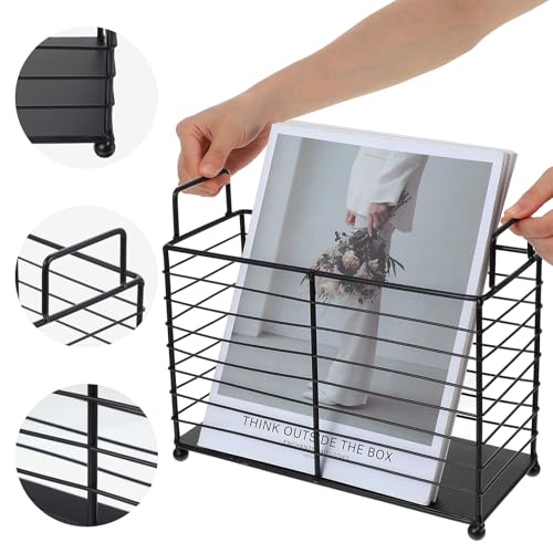 Metal Magazine Rack Floor, Wire Magazine Rack Storage Organizer with Handles - Iron Wire Black Folder Stand Holder for Home Office Bathroom Bedroom Living Room