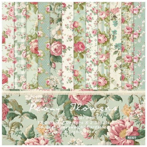 papel scrapbook,accesorios scrapbook, Papel con estampado floral de peonías de una sola cara, 48 hojas, 6 x 6 pulgadas, 12 diseños, suministros for hacer tarjetas de bricolaje con álbumes de fotos ant