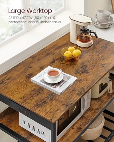 Image of VASAGLE Kitchen Island with 3 Shelves, 47.2 Inches Width Kitchen Shelf with Power Strip, Large Worktop, Stable Steel Structure, Industrial, Easy to Assemble, Rustic Brown and Black UKKI101K01