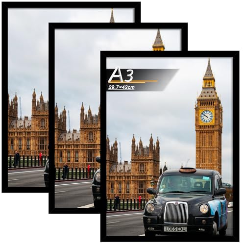 Image of Picture Frame A3 (29.7 x 42 cm) Set of 3 Black Picture Frames A3 Made of Wood Material Frame A3 Ideal for Photos, Pictures, Posters