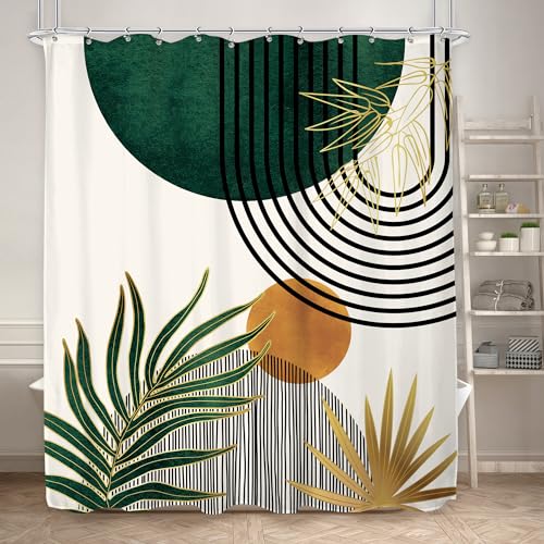 KOMLLEX Mid Century Green Boho Shower Curtain 72Wx84L Inches Abstract Modern Shower Curtains for Bathroom Plant Botanical Minimalist Leaf Arch Sun Fabric Liner Waterproof Polyester 12 Pack Hooks by KOMLLEX - Used condition - US$20.65